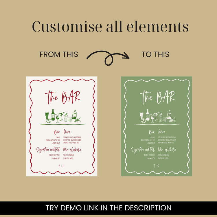 customizable Wavy Hand drawn wedding Bar Menu Signage digital template comes in multiple sizes