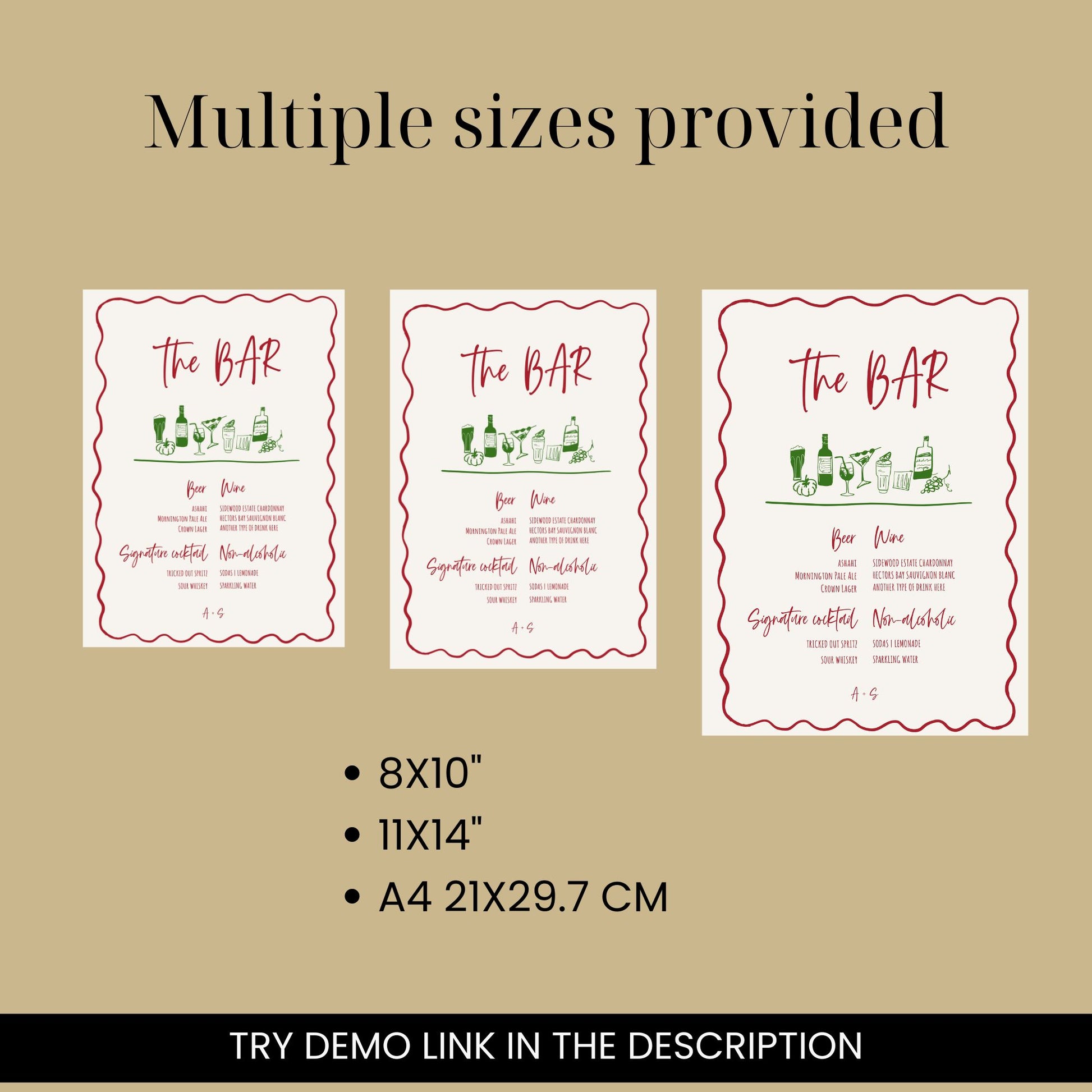 Wavy Hand drawn wedding Bar Menu Signage digital Template