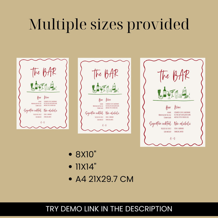 Wavy Hand drawn wedding Bar Menu Signage digital Template