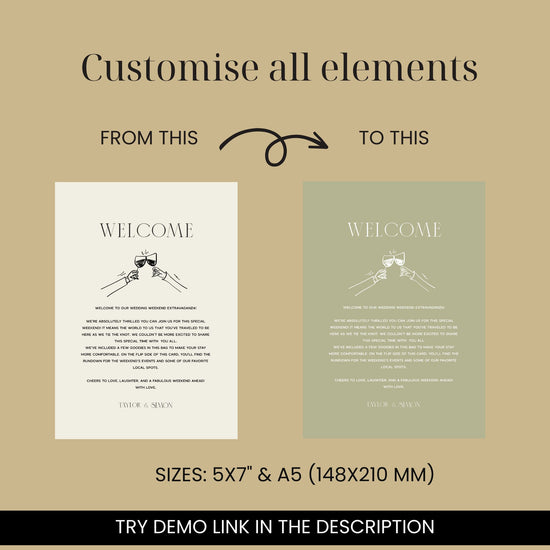 customizable modern vintage Old Money Wedding Weekend Welcome Card printable template