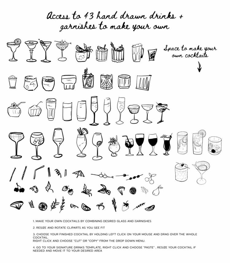this template comes with over 30 hand drawn illustrations to personalize your his and her drinks signature sign