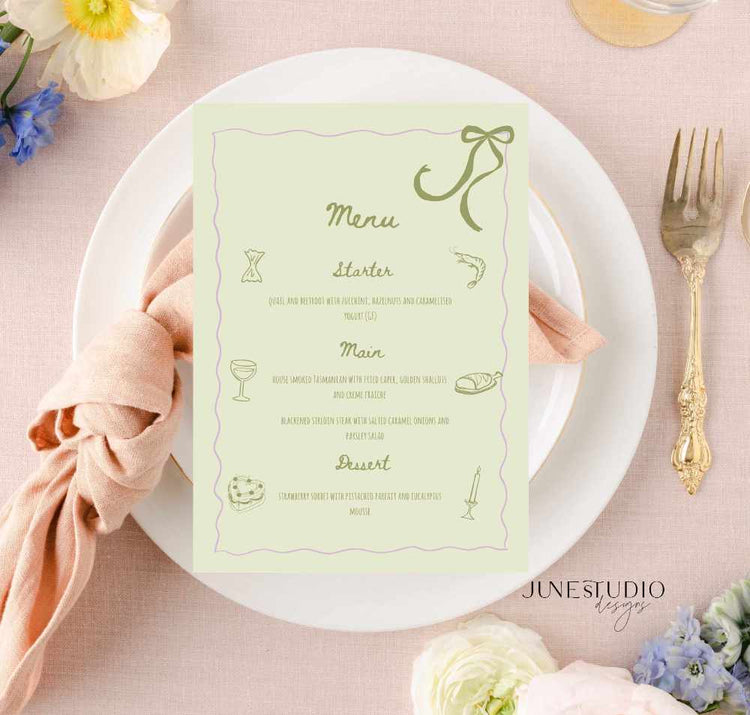 whimsical Hand drawn Sage Green Menu and Place Card Set Template