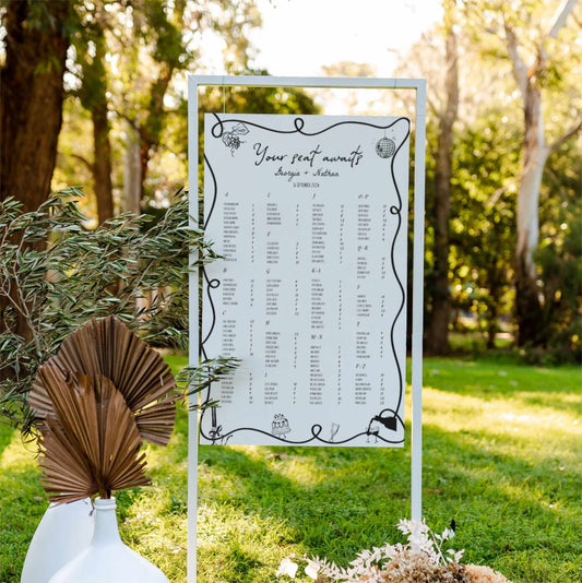 Squiggly Hand drawn Alphabetical Wedding Seating Chart digital Template