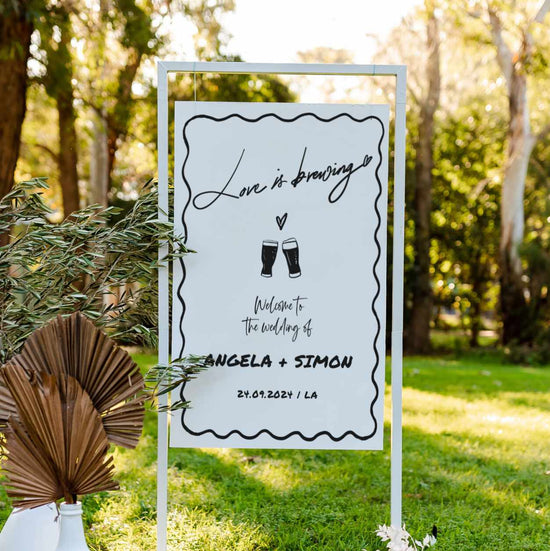 wavy love is brewing wedding welcome sign, brewery hand drawn rehearsal welcome sign template 