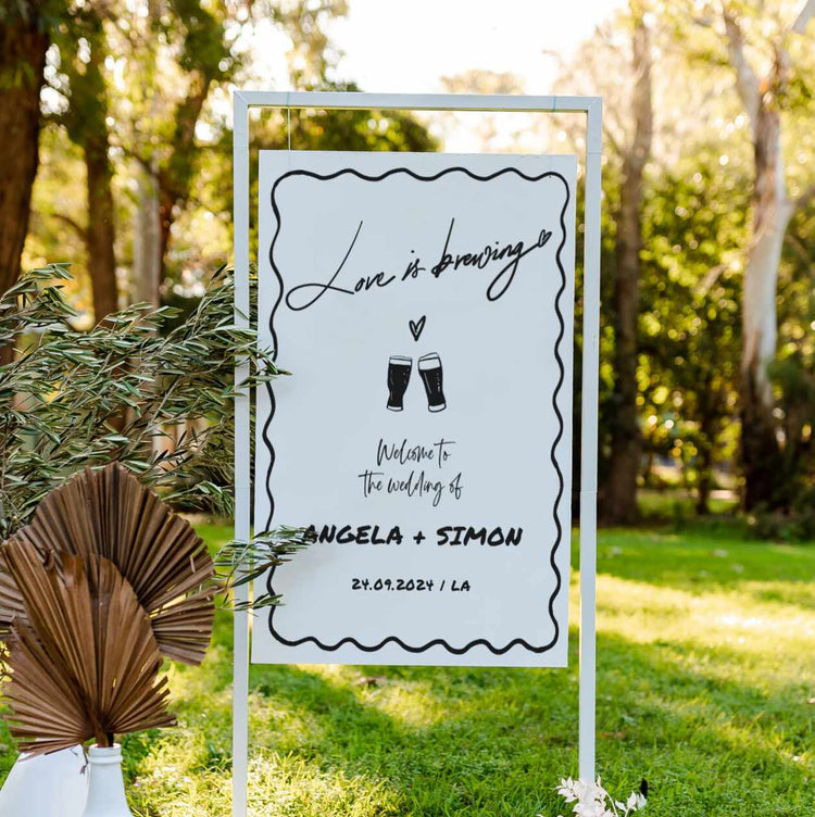 wavy love is brewing wedding welcome sign, brewery hand drawn rehearsal welcome sign template 