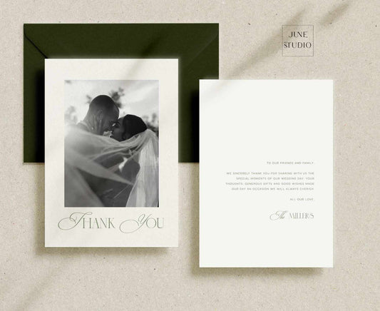 Wedding Photo Thank you card editable template. This design is double-sided, one for couple photo and other for personalised thank you messages from the newlyweds.