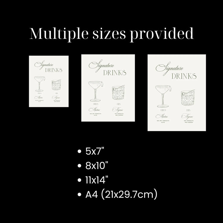 modern luxe sage green signature cocktails sketched sign editable template