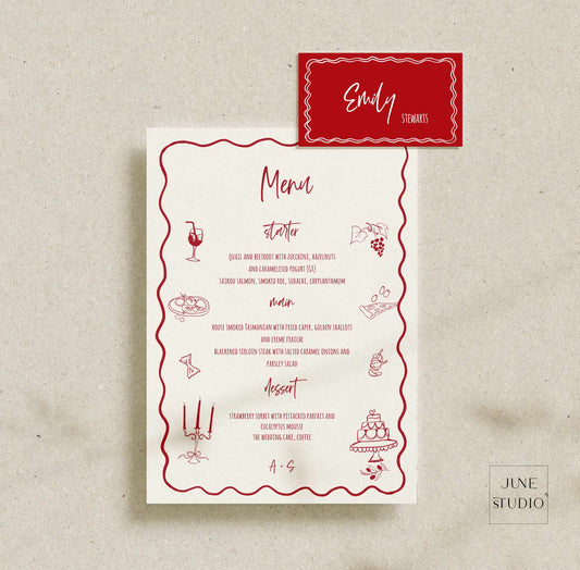 hand-drawn menu and place card set digital template with food illustrations in italian themed 