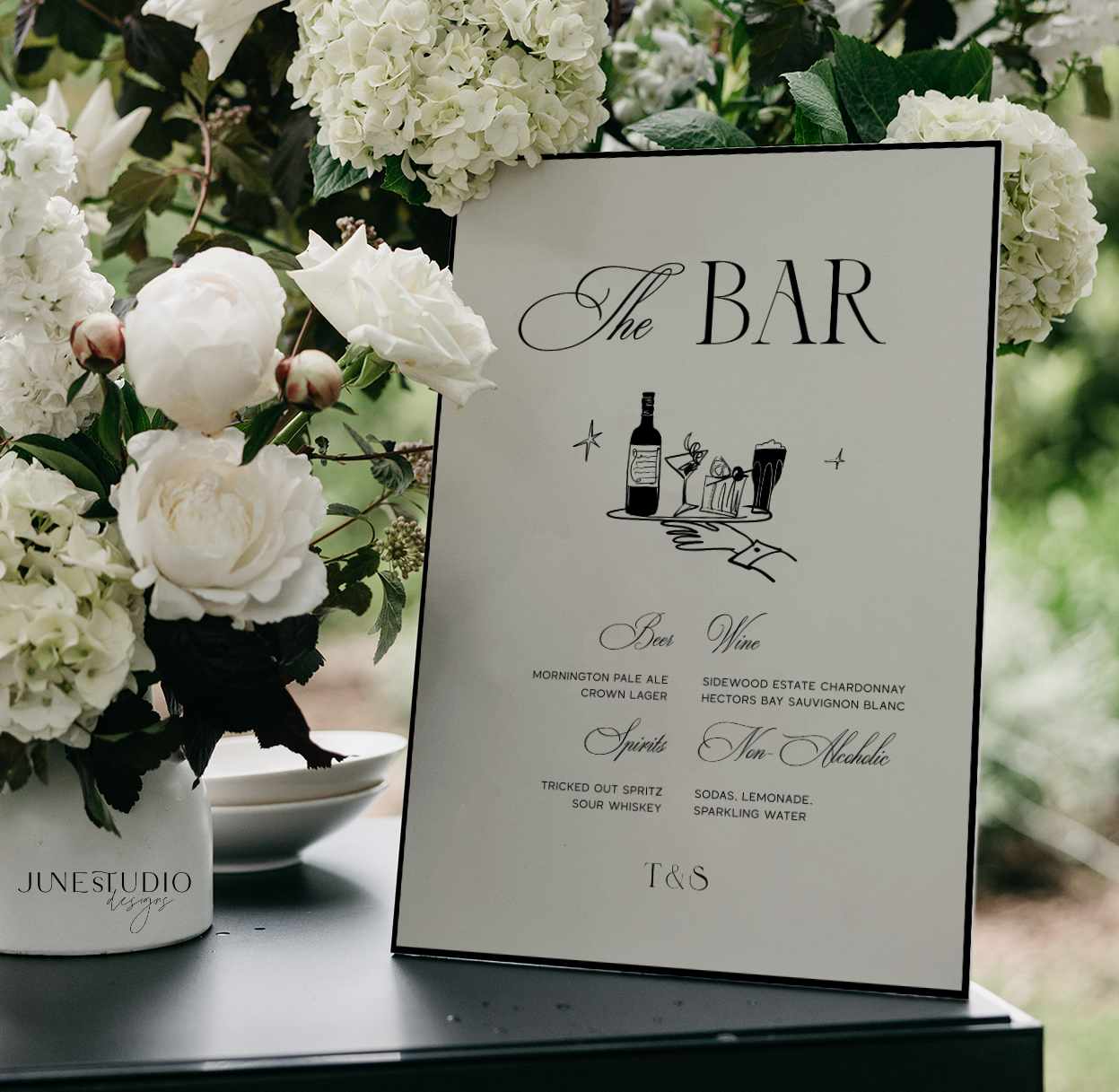 wedding bar menu illustrated sign template, digital template, old money aesthetic wedding, hand drawn bar drinks, signature drink wedding bar menu, modern luxe open bar sign