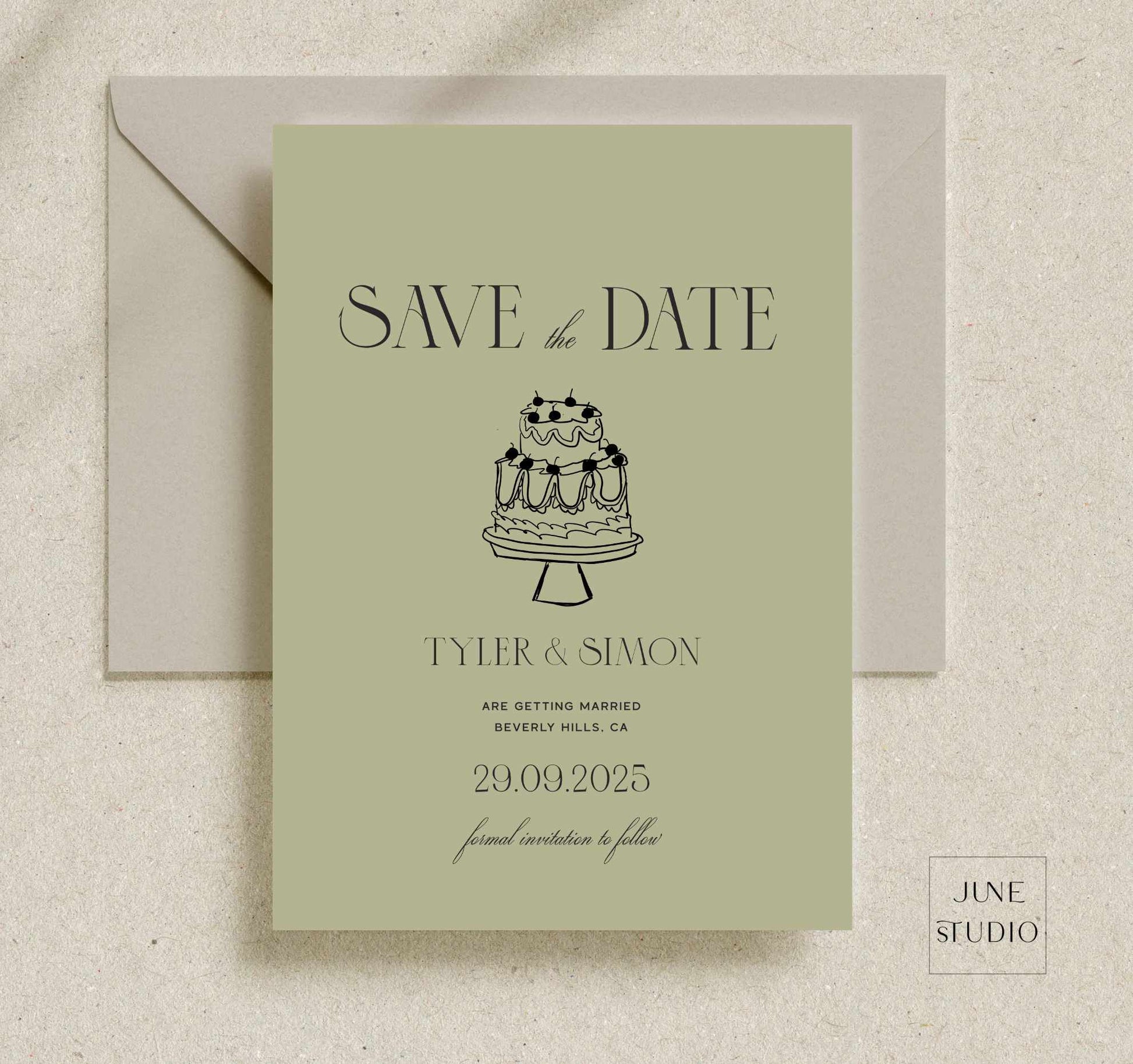 vintage cake illustrated save the date invitation digital template, modern vintage inspired, 90's aesthetic, hand drawn modern retro cake save the date invitation