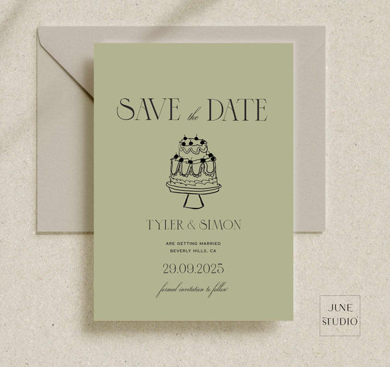 vintage cake illustrated save the date invitation digital template, modern vintage inspired, 90's aesthetic, hand drawn modern retro cake save the date invitation