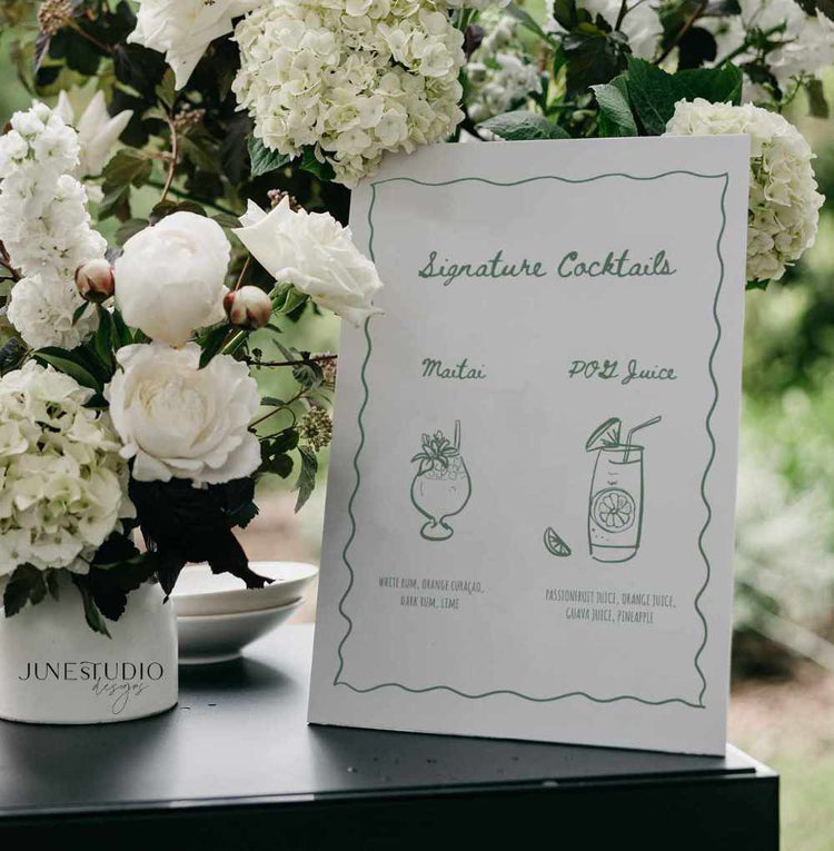 Whimsical Sage Green Signature Cocktails Sign Template