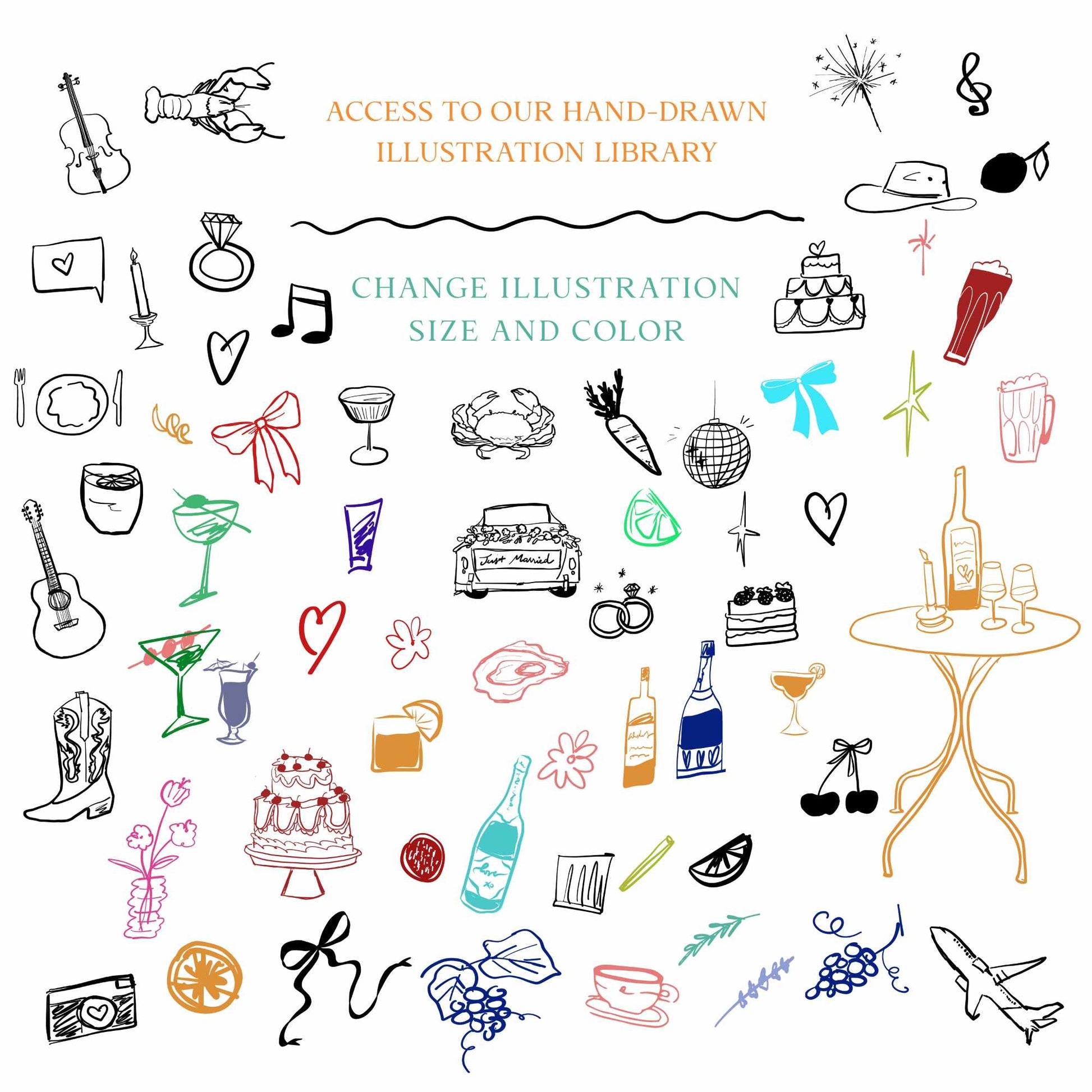 access to hand drawn illustrations library to customize your wedding timeline