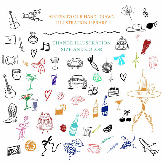 access to hand drawn illustrations library to customize your wedding timeline
