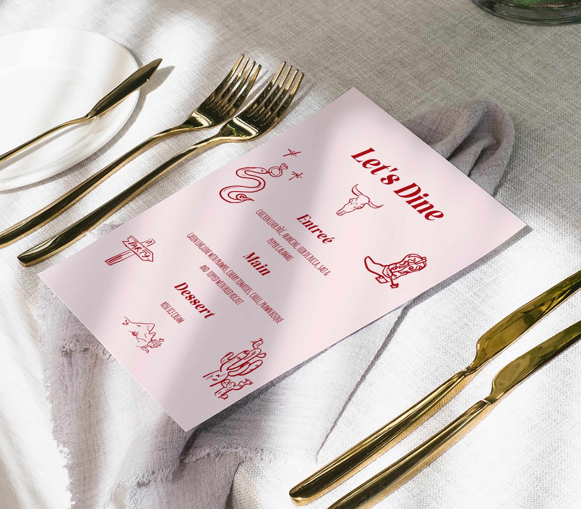 bachelorette customizable menu card with hand-drawn illustrations of a cowboy hat, boots, and other western-themed elements