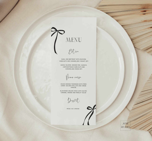 black bow bridal shower menu, thin black ribbon bachelorette menu, editable, customizable modern luxe menu template, minimalist menu,
