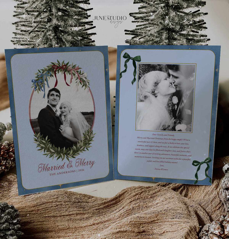 blue married and merry double sided christmas photo card template with oval frame and velvet bow wreath in blue, red, white and striped red