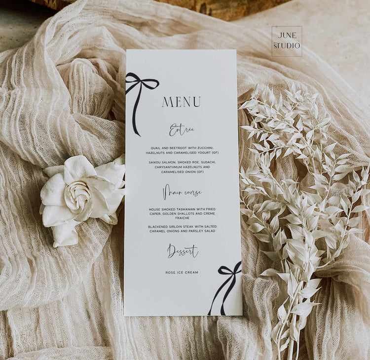 black bow bridal shower menu, thin black ribbon bachelorette menu, editable, customizable modern luxe menu template, minimalist menu,