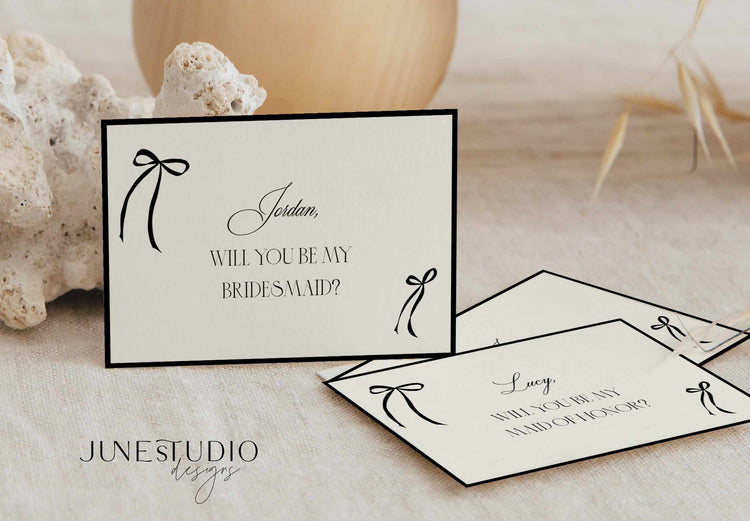 Old Money modern vintage bow Bridesmaid Proposal Cards digital templates