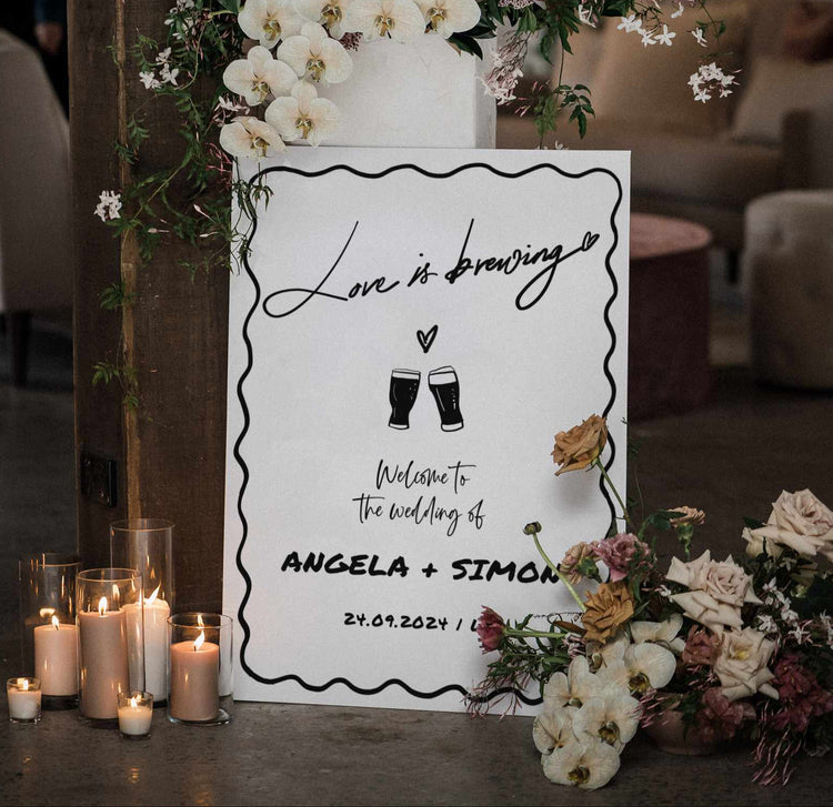 love is brewing wedding welcome sign, brewery hand drawn rehearsal welcome sign template 