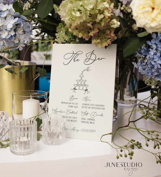 Hand drawn Champagne Tower Wedding Bar Menu Sign digital Template