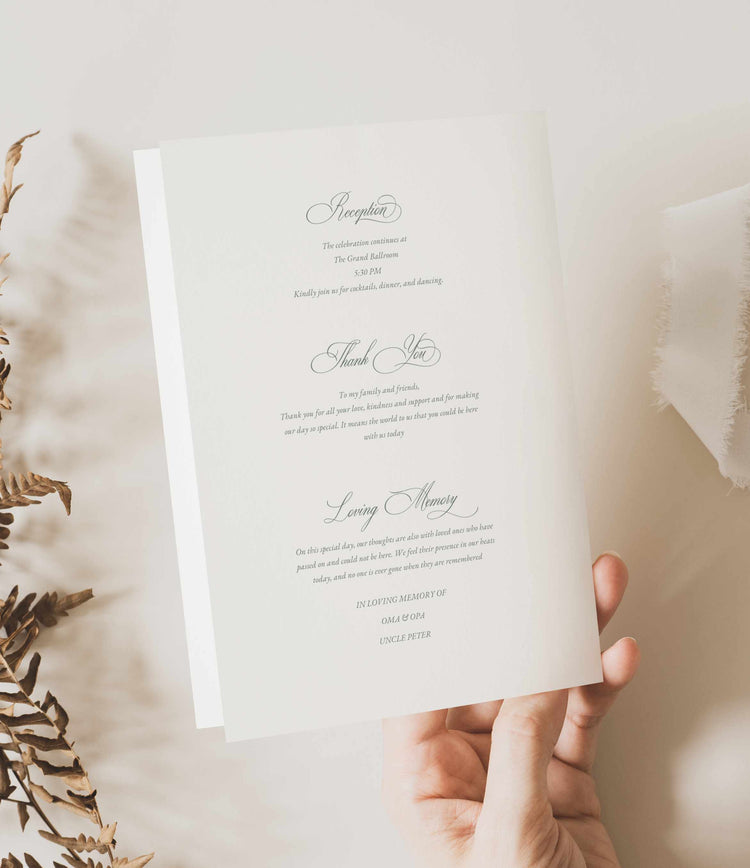 elegant timeless wedding church program booklet printable template back side 