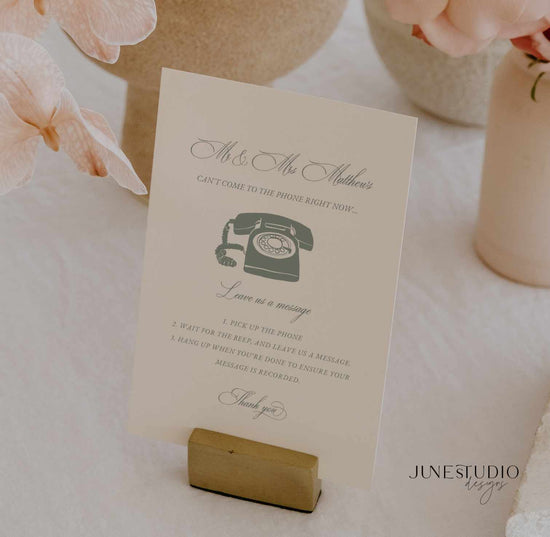 classic wedding audio guest book sign printable template with hand drawn desk telephone