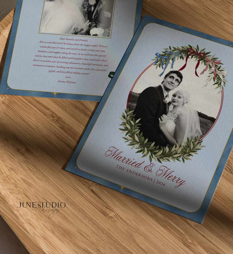 Married and Merry Blue Christmas Photo Card Template