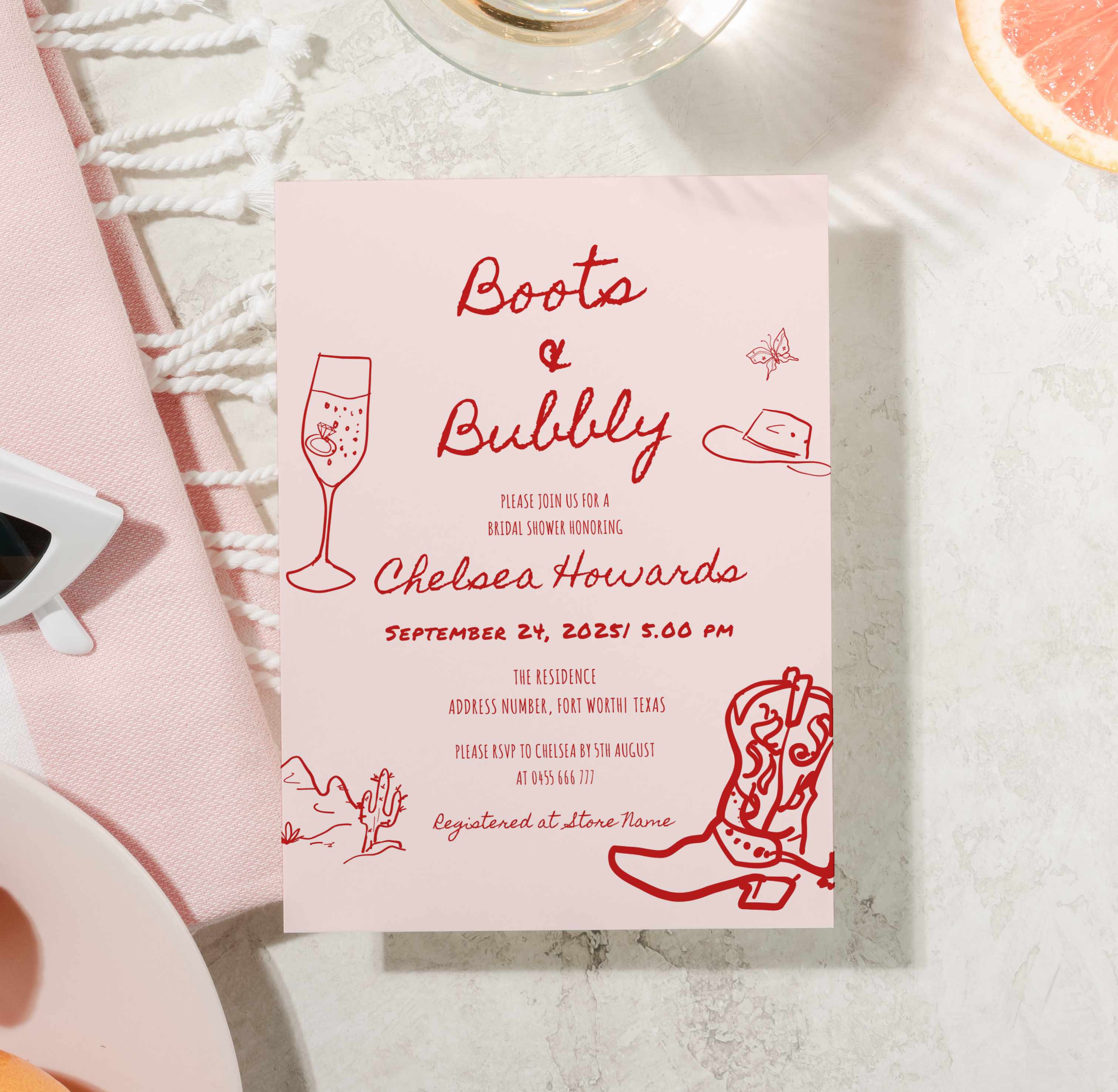 Boots and Bubbly Cowgirl Bridal Shower Invitation Template