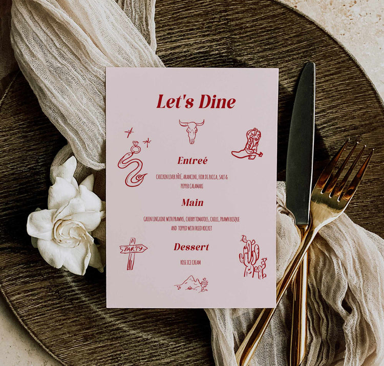 A pink menu card with hand-drawn illustrations of a cowboy hat, boots, and other western-themed elements,