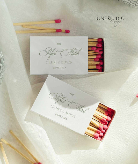 modern vintage sage green the perfect match matchbox label template. both matchboxes has green texts for wedded couple name and wedding date on a white background
