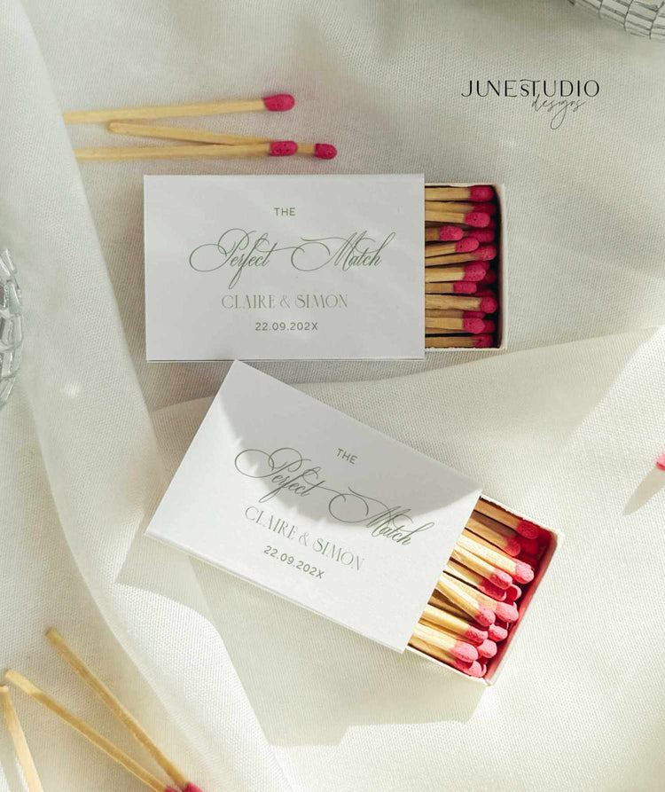 modern vintage sage green the perfect match matchbox label template. both matchboxes has green texts for wedded couple name and wedding date on a white background