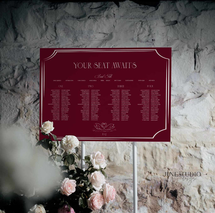 Burgundy Wedding Seating Plan Four Long Tables Template