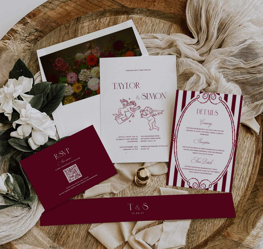 Burgundy Wedding Invitation Suite Templates | Customizable