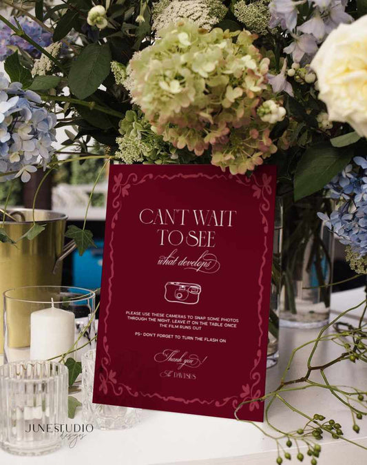 Burgundy Wedding Disposable Camera Sign Template