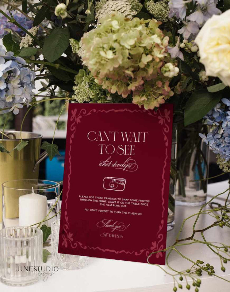 Burgundy Wedding Disposable Camera Sign Template