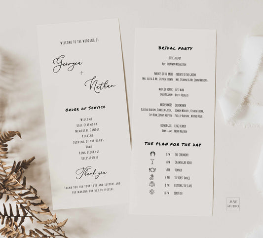 hand drawn wedding program, double side long program, ceremony program, french vintage inspired wedding