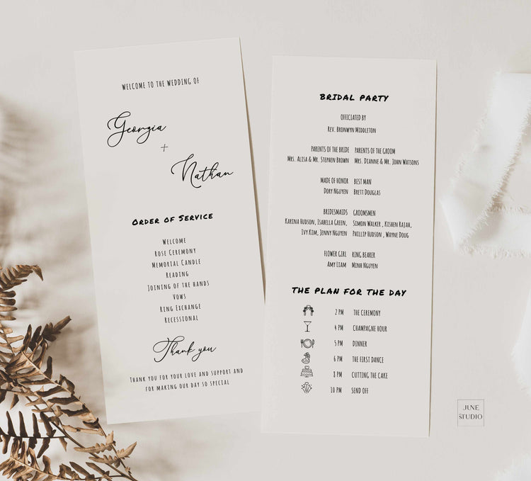 hand drawn wedding program, double side long program, ceremony program, french vintage inspired wedding