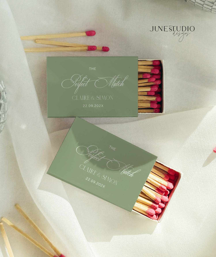 editable retro sage green the perfect match matchbox label template. both matchboxes has white texts for wedded couple names and wedding date on a sage green background
