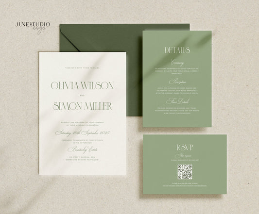 sage Green wedding invitation set with qr code RSVP card on a beige background