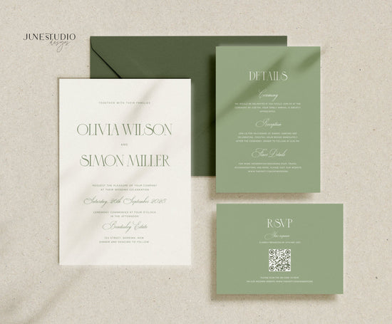 sage Green wedding invitation set with qr code RSVP card on a beige background