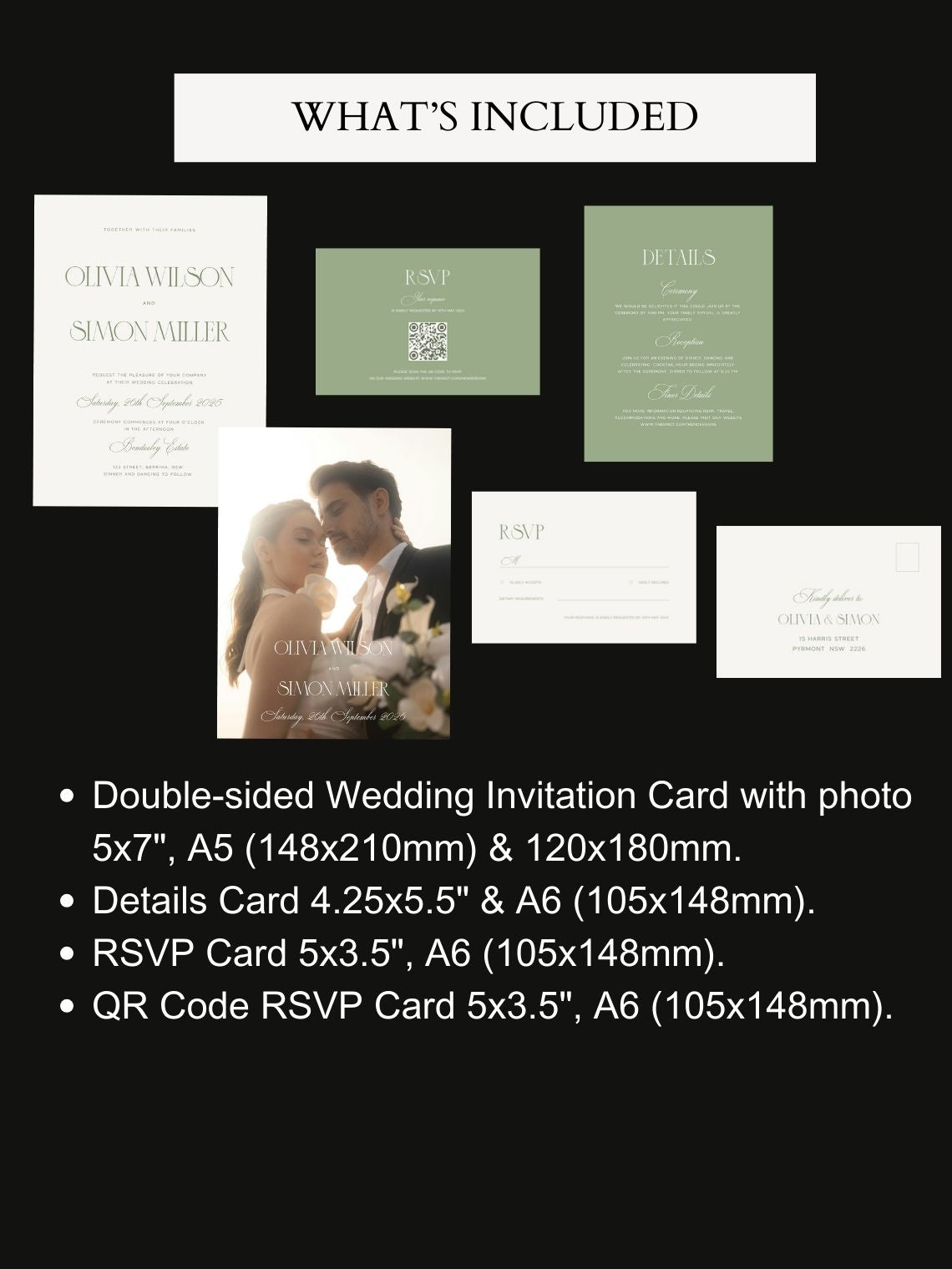 Collection of wedding invitation set cards with double-sided wedding invite, 2 response card and a enclosure card