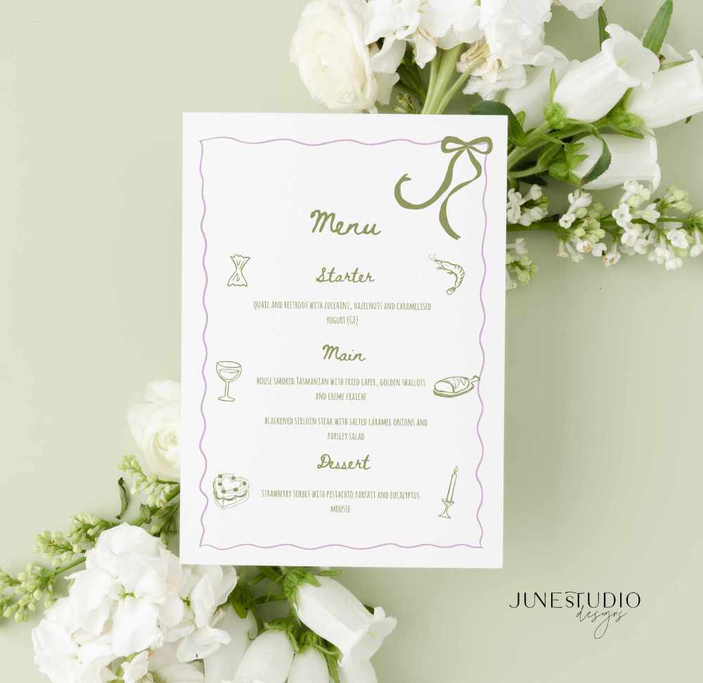 customizable whimsical Hand drawn Sage Green Menu and Place Card Set Template