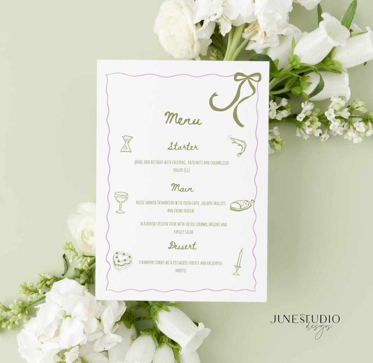 customizable whimsical Hand drawn Sage Green Menu and Place Card Set Template
