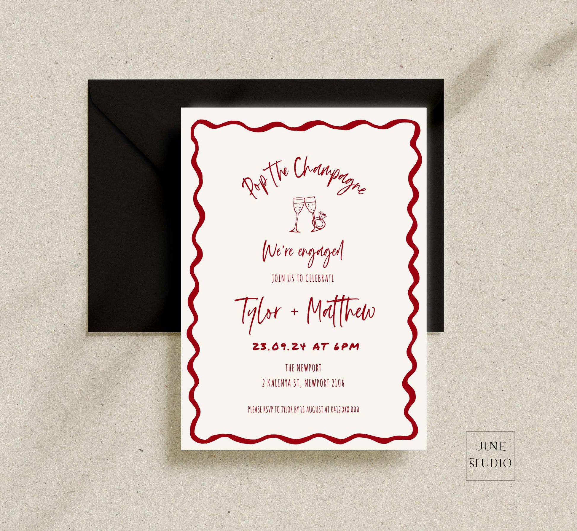 wavy Hand drawn Pop the Champagne Engagement/ Rehearsal Dinner Invitation Template