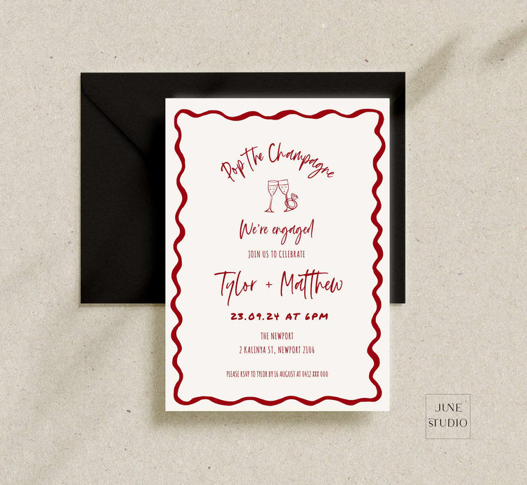 wavy Hand drawn Pop the Champagne Engagement/ Rehearsal Dinner Invitation Template