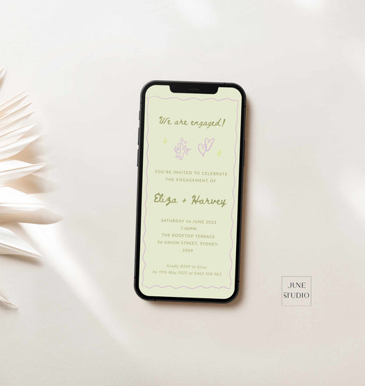 whimsical hand drawn wavy border digital phone engagement invitation template