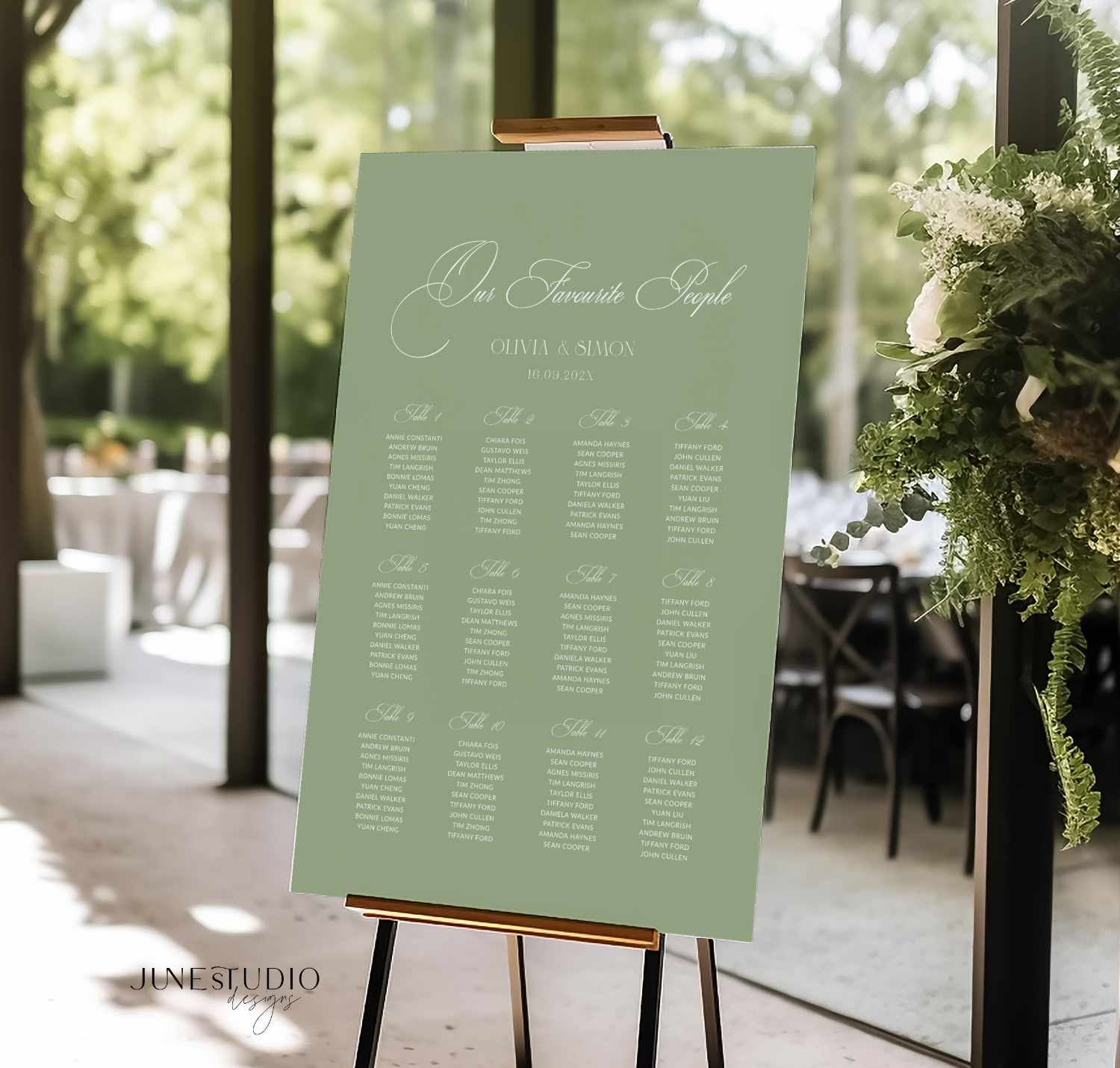 sage green seating chart portrait vertical signage template editable product from the left angle