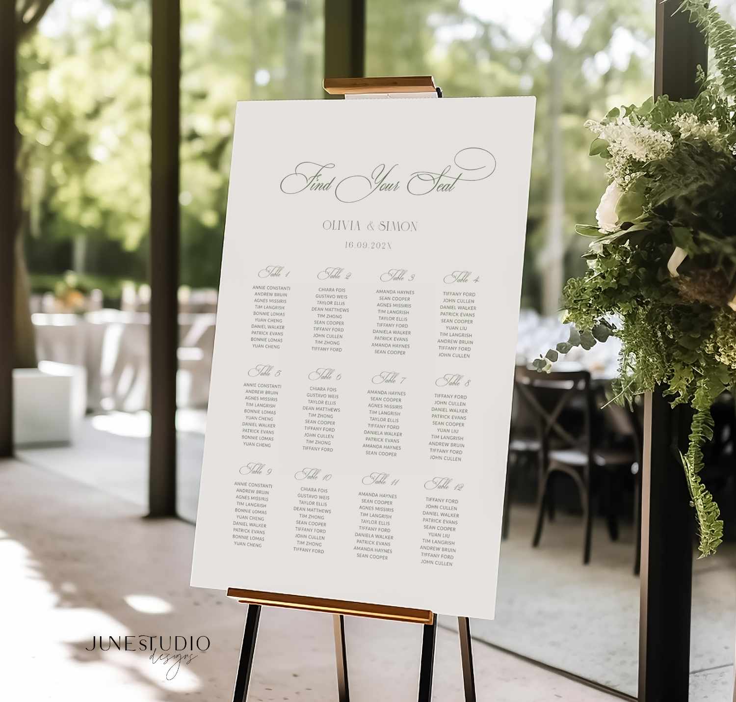 customizable sage green wedding seating chart 12 tables template printable- product from the right angle