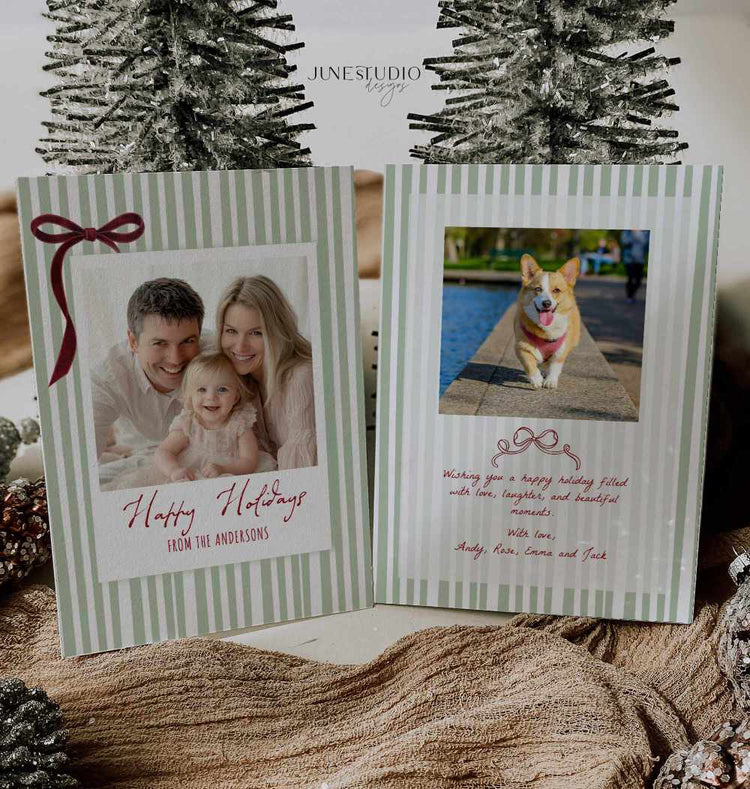 Striped Green Red Bow Christmas Photo Card Template